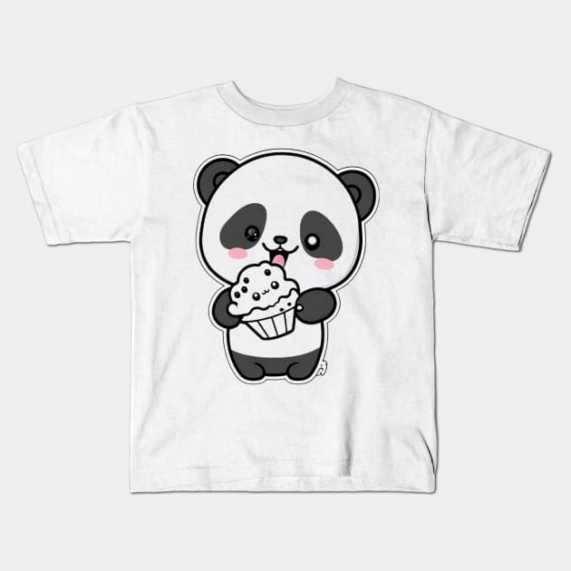 Cute Cartoon Panda Eating Cupcake Funny Kawaii Kids T-Shirt by kiddo200
